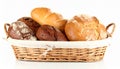 Different loaves of fresh bread in basket isolated on white Royalty Free Stock Photo