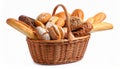 Different loaves of fresh bread in basket isolated on white Royalty Free Stock Photo