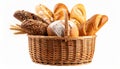 Different loaves of fresh bread in basket isolated on white Royalty Free Stock Photo