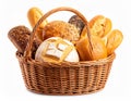 Different loaves of fresh bread in basket isolated on white Royalty Free Stock Photo