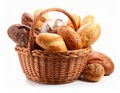 Different loaves of fresh bread in basket isolated on white Royalty Free Stock Photo