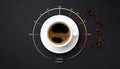 Coffee and volume of energy gauge scale on black background, top view. Royalty Free Stock Photo