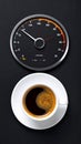 Coffee and volume of energy gauge scale on black background, top view. Royalty Free Stock Photo