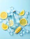 Soda water with lemon and ice cubes on a light blue background, cooling and covering Royalty Free Stock Photo