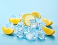 Soda water with lemon and ice cubes on a light blue background, cooling and covering Royalty Free Stock Photo
