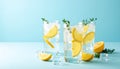Soda water with lemon and ice cubes on a light blue background, cooling and covering Royalty Free Stock Photo