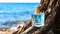 Bottle of woody aquatic perfume on tree bark near ocean. Fresh scent Royalty Free Stock Photo