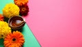 Diwali celebration. Diya lamps and beautiful flowers on colorful background, closed. Royalty Free Stock Photo