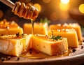 Cubes of cheese are arranged on a wooden board Royalty Free Stock Photo