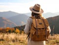 Tourist with backpack in mountains, back view Royalty Free Stock Photo