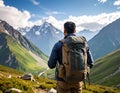 Tourist with backpack in mountains, back view Royalty Free Stock Photo