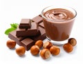 Chocolate pieces, glass of delicious paste and hazelnuts on white background Royalty Free Stock Photo