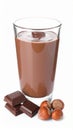 Chocolate pieces, glass of delicious paste and hazelnuts on white background Royalty Free Stock Photo