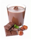 Chocolate pieces, glass of delicious paste and hazelnuts on white background Royalty Free Stock Photo
