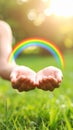 Woman and rainbow as source of healing energy on sunny day, closeup Royalty Free Stock Photo