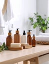 Different bathing products on light wooden table in bathroom Royalty Free Stock Photo