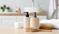 Different bathing products on light wooden table in bathroom Royalty Free Stock Photo