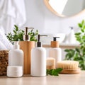 Different bathing products on light wooden table in bathroom Royalty Free Stock Photo