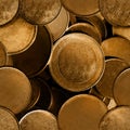 Seamless 4k photo texture of golden antique blank coins pile. Royalty Free Stock Photo