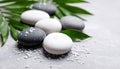 Spa stones, sea salt and leaves on grey table Royalty Free Stock Photo