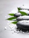 Spa stones, sea salt and leaves on grey table Royalty Free Stock Photo