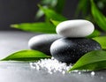 Spa stones, sea salt and leaves on grey table Royalty Free Stock Photo