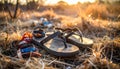 Close-up of dry, slightly burnt grass with abandoned flip-flops and crumpled festival wristbands Royalty Free Stock Photo
