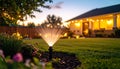 Water sprinkler spraying under summer night sky in a suburban backyard Royalty Free Stock Photo