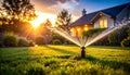 Water sprinkler spraying under summer night sky in a suburban backyard Royalty Free Stock Photo