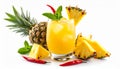 Glass of tasty pineapple cocktail with sliced fruit, mint and chili pepper isolated Royalty Free Stock Photo