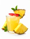 Glass of tasty pineapple cocktail with sliced fruit, mint and chili pepper isolated Royalty Free Stock Photo