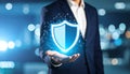 Cyber insurance concept. Man demonstrating shield illustration as symbol of protectio Royalty Free Stock Photo