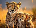Cheetah mother and cubs in the savanna. Royalty Free Stock Photo