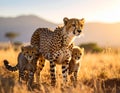 Cheetah mother and cubs in the savanna. Royalty Free Stock Photo