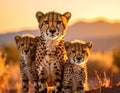 Cheetah mother and cubs in the savanna. Royalty Free Stock Photo