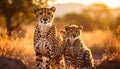 Cheetah mother and cubs in the savanna. Royalty Free Stock Photo