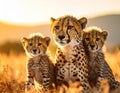 Cheetah mother and cubs in the savanna. Royalty Free Stock Photo