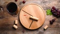 Wine stain, corkscrew and stopper on wooden table, flat lay. Royalty Free Stock Photo