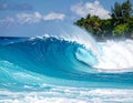 A powerful teahupoo wave, famous for surfing, looms with crystal blue waters Royalty Free Stock Photo