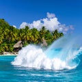 A powerful teahupoo wave, famous for surfing, looms with crystal blue waters Royalty Free Stock Photo