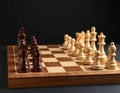 Many chess pieces on wooden checkerboard against black background, selective focus Royalty Free Stock Photo