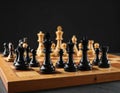 Many chess pieces on wooden checkerboard against black background, selective focus Royalty Free Stock Photo