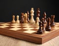 Many chess pieces on wooden checkerboard against black background, selective focus Royalty Free Stock Photo