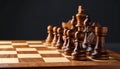 Many chess pieces on wooden checkerboard against black background, selective focus Royalty Free Stock Photo