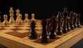 Many chess pieces on wooden checkerboard against black background, selective focus Royalty Free Stock Photo