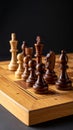 Many chess pieces on wooden checkerboard against black background, selective focus Royalty Free Stock Photo