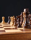 Many chess pieces on wooden checkerboard against black background, selective focus Royalty Free Stock Photo