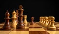 Many chess pieces on wooden checkerboard against black background, selective focus Royalty Free Stock Photo