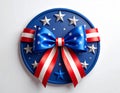 Indepedence Day 4th July emblem with a blue stars bow and curly red and white ribbon Royalty Free Stock Photo