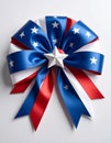 Indepedence Day 4th July emblem with a blue stars bow and curly red and white ribbon Royalty Free Stock Photo